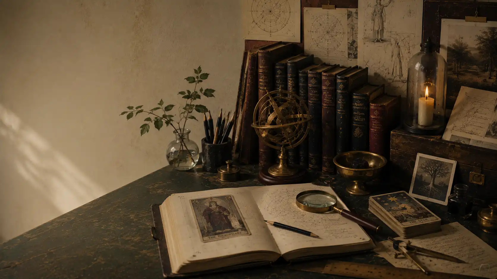 Early tarot cards on a research table, magnifying glass, sketchbook, pencils, notes, museum atmosphere, no mystical cliches.